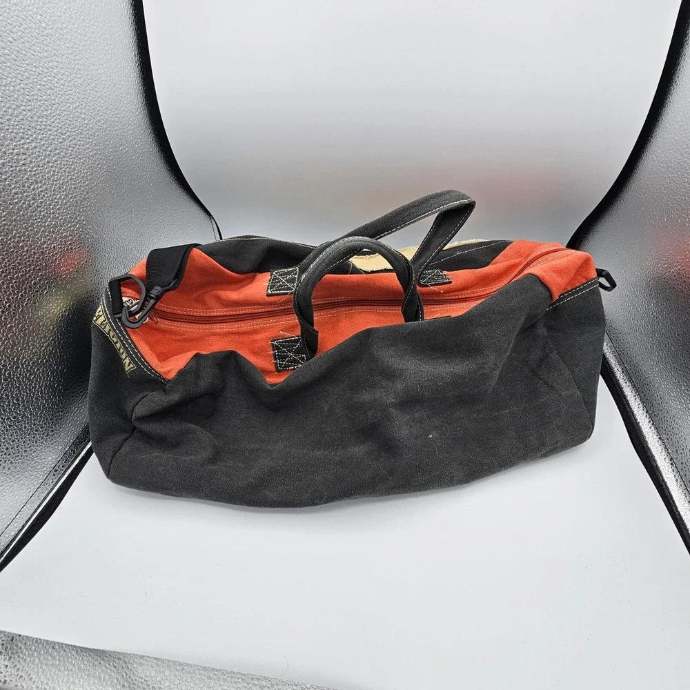 True Religion Canvas Duffle Bag Black Orange Frayed Trim Weekend Gym Travel Bag